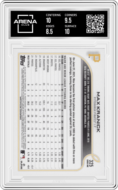 Max Kranick from the 2022 Topps   set graded by Arena Club and given an overall grade of 9.