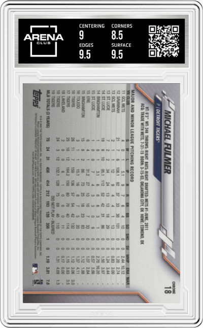 Michael Fulmer from the 2020 Topps Chrome set featuring a Prism Refractor parallel graded by Arena Club and given an overall grade of 9.