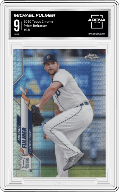 Michael Fulmer from the 2020 Topps Chrome set featuring a Prism Refractor parallel graded by Arena Club and given an overall grade of 9.