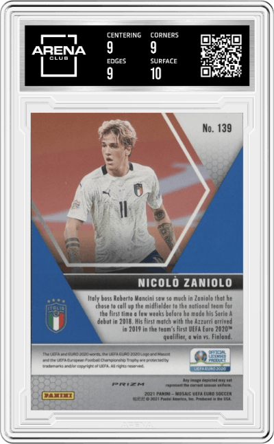 Nicolo Zaniolo from the 2020-21 Mosaic UEFA Euro 2020
 set featuring a Green Mosaic  parallel graded by Arena Club and given an overall grade of 9.5.