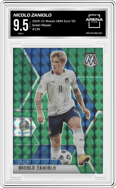Nicolo Zaniolo from the 2020-21 Mosaic UEFA Euro 2020
 set featuring a Green Mosaic  parallel graded by Arena Club and given an overall grade of 9.5.