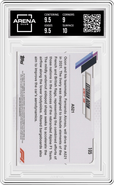 Esteban Ocon from the 2021 Topps F1 set featuring a Checker Flag parallel graded by Arena Club and given an overall grade of 9.5.