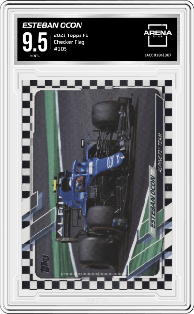 Esteban Ocon from the 2021 Topps F1 set featuring a Checker Flag parallel graded by Arena Club and given an overall grade of 9.5.
