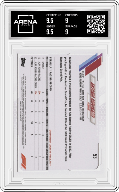 Antonio Giovinazzi from the 2021 Topps F1 set featuring a Checker Flag parallel graded by Arena Club and given an overall grade of 9.5.