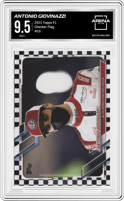 Antonio Giovinazzi from the 2021 Topps F1 set featuring a Checker Flag parallel graded by Arena Club and given an overall grade of 9.5.