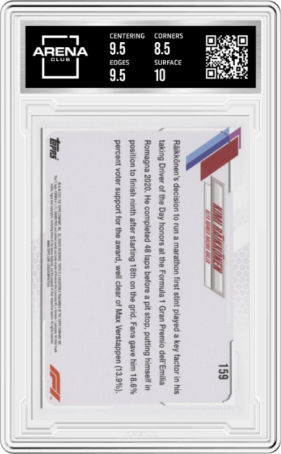 Kimi Räikkönen from the 2021 Topps F1 set featuring a Checker Flag parallel graded by Arena Club and given an overall grade of 9.