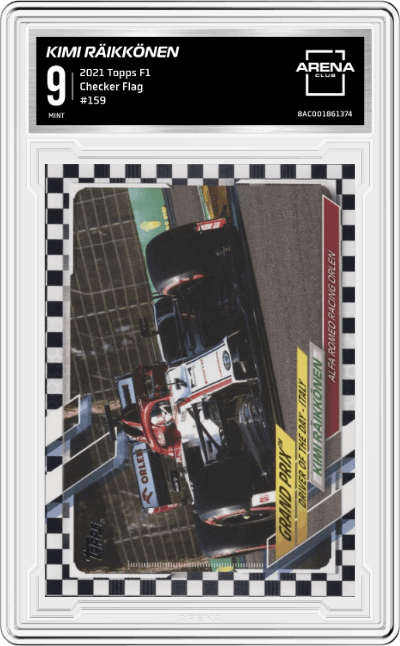 Kimi Räikkönen from the 2021 Topps F1 set featuring a Checker Flag parallel graded by Arena Club and given an overall grade of 9.