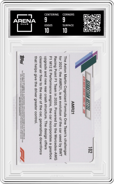 Sebastian Vettel from the 2021 Topps F1 set featuring a Checker Flag parallel graded by Arena Club and given an overall grade of 9.5.