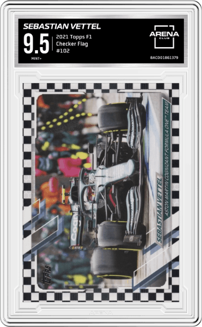 Sebastian Vettel from the 2021 Topps F1 set featuring a Checker Flag parallel graded by Arena Club and given an overall grade of 9.5.