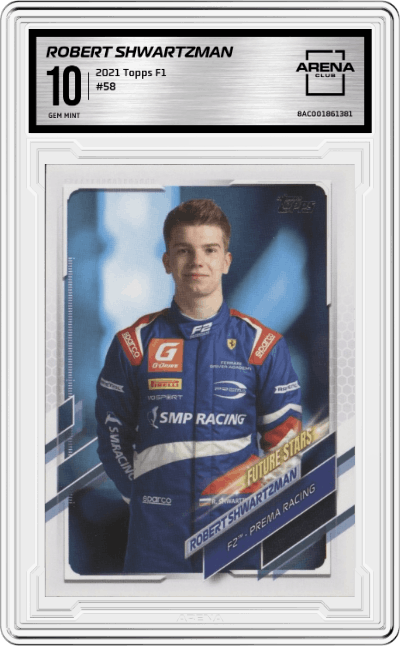 Robert Shwartzman from the 2021 Topps F1 set graded by Arena Club and given an overall grade of 10.
