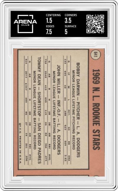 Bobby Darwin/John Miller/Tommy Dean from the 1969 Topps set graded by Arena Club and given an overall grade of 2.