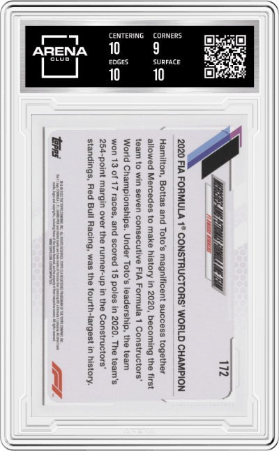 Mercedes-AMG from the 2021 Topps F1 set featuring a Checker Flag parallel graded by Arena Club and given an overall grade of 9.5.