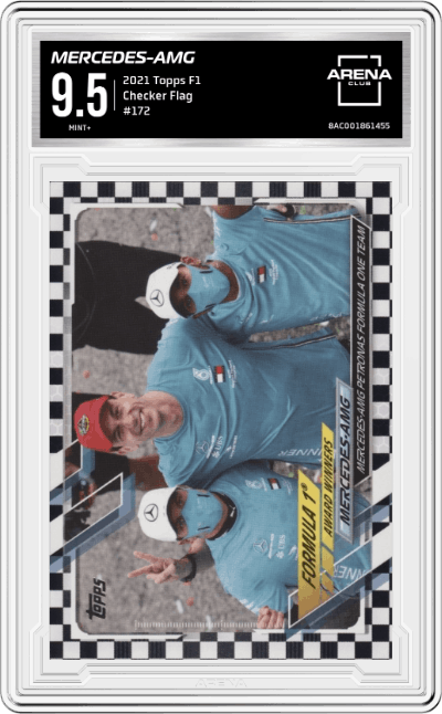 Mercedes-AMG from the 2021 Topps F1 set featuring a Checker Flag parallel graded by Arena Club and given an overall grade of 9.5.