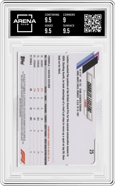 Charles Leclerc from the 2021 Topps F1 set featuring a Checker Flag parallel graded by Arena Club and given an overall grade of 9.5.