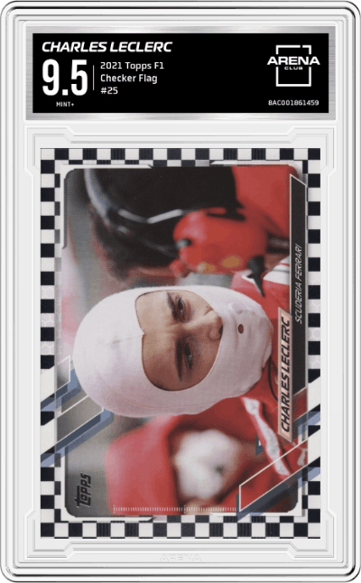 Charles Leclerc from the 2021 Topps F1 set featuring a Checker Flag parallel graded by Arena Club and given an overall grade of 9.5.