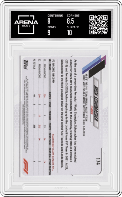Mick Schumacher from the 2021 Topps F1 set graded by Arena Club and given an overall grade of 9.