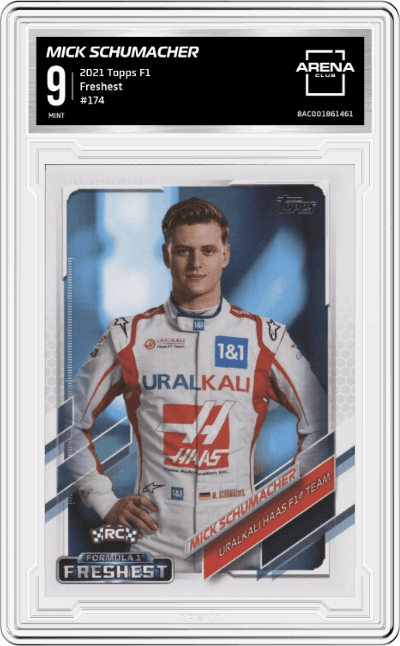 Mick Schumacher from the 2021 Topps F1 set graded by Arena Club and given an overall grade of 9.