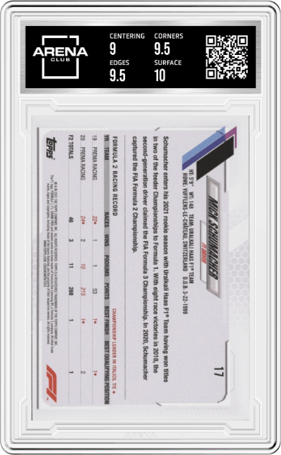 Mick Schumacher from the 2021 Topps F1 set graded by Arena Club and given an overall grade of 9.5.