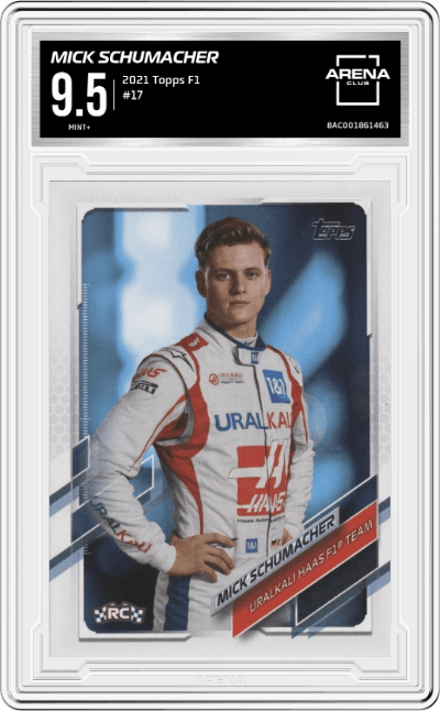 Mick Schumacher from the 2021 Topps F1 set graded by Arena Club and given an overall grade of 9.5.