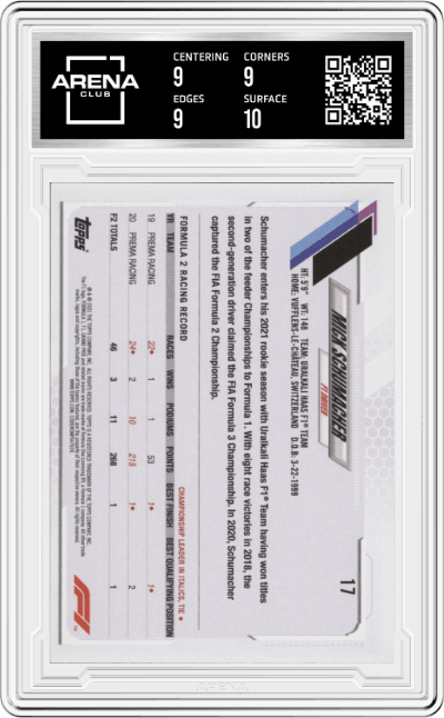 Mick Schumacher from the 2021 Topps F1 set graded by Arena Club and given an overall grade of 9.5.