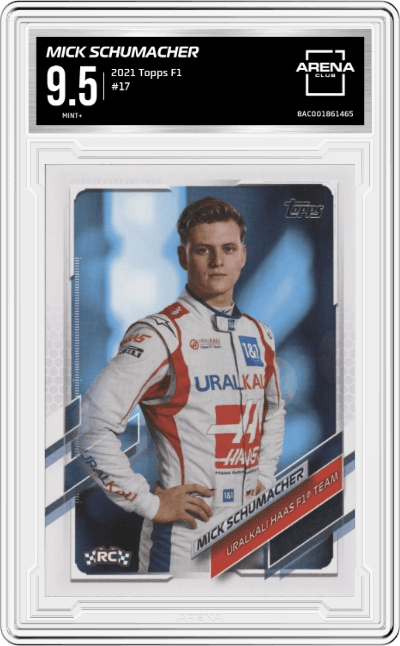 Mick Schumacher from the 2021 Topps F1 set graded by Arena Club and given an overall grade of 9.5.
