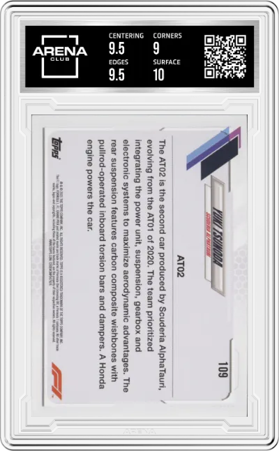 Yuki Tsunoda from the 2021 Topps F1 set graded by Arena Club and given an overall grade of 9.5.