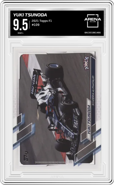 Yuki Tsunoda from the 2021 Topps F1 set graded by Arena Club and given an overall grade of 9.5.