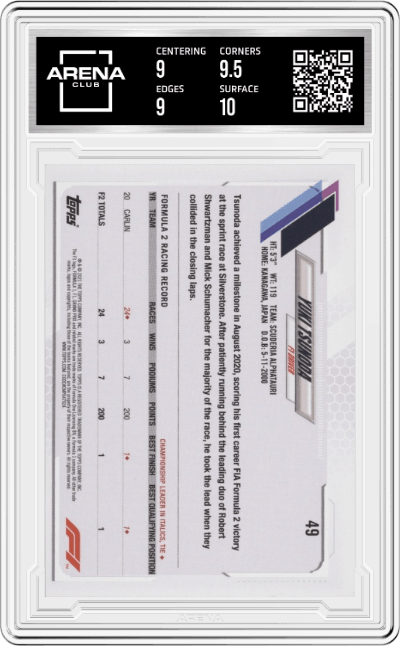 Yuki Tsunoda from the 2021 Topps F1 set graded by Arena Club and given an overall grade of 9.5.