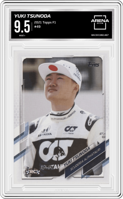 Yuki Tsunoda from the 2021 Topps F1 set graded by Arena Club and given an overall grade of 9.5.