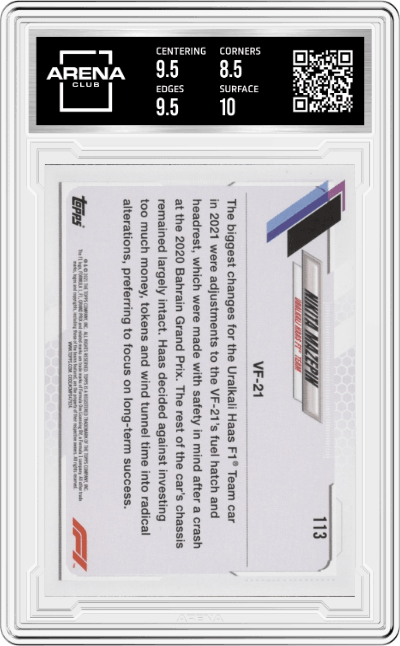 Nikita Mazepin from the 2021 Topps F1 set graded by Arena Club and given an overall grade of 9.