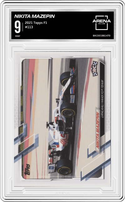 Nikita Mazepin from the 2021 Topps F1 set graded by Arena Club and given an overall grade of 9.