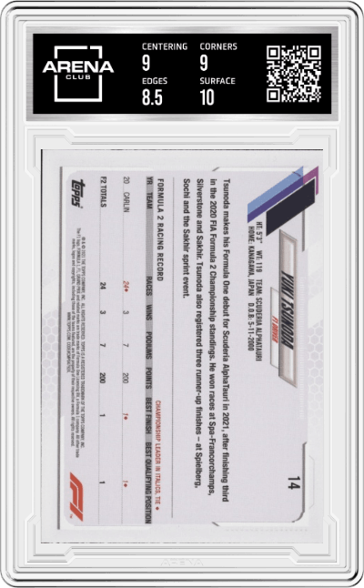 Yuki Tsunoda from the 2021 Topps F1 set graded by Arena Club and given an overall grade of 9.