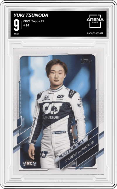 Yuki Tsunoda from the 2021 Topps F1 set graded by Arena Club and given an overall grade of 9.