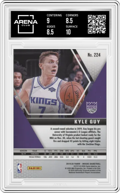 Kyle Guy from the 2019-20 Panini Mosaic  set graded by Arena Club and given an overall grade of 9.