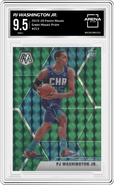 PJ Washington Jr. from the 2019-20 Panini Mosaic  set featuring a Green Mosaic parallel graded by Arena Club and given an overall grade of 9.5.