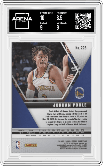 Jordan Poole from the 2019-20 Panini Mosaic  set graded by Arena Club and given an overall grade of 9.