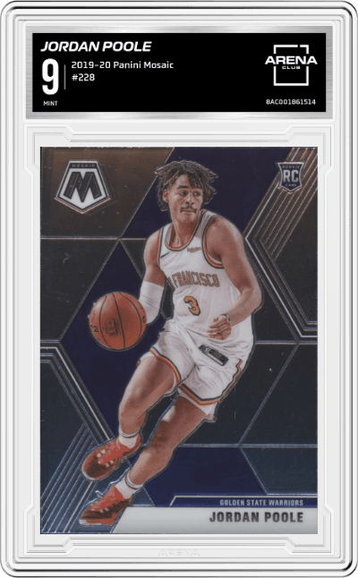 Jordan Poole from the 2019-20 Panini Mosaic  set graded by Arena Club and given an overall grade of 9.