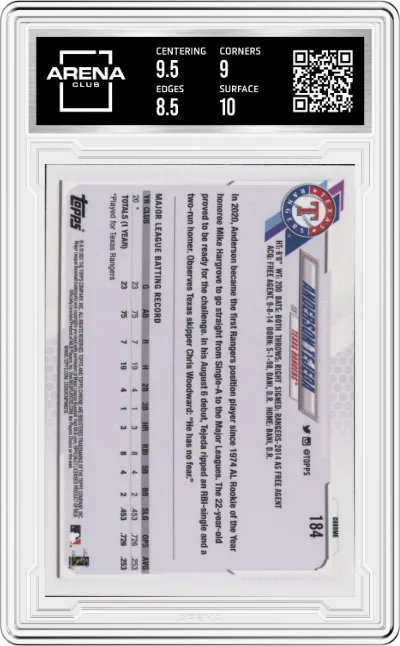 Anderson Tejeda from the 2021 Topps Chrome set graded by Arena Club and given an overall grade of 9.