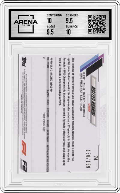 Matteo Nannini from the 2021 Topps F1 set featuring a Aqua parallel graded by Arena Club and given an overall grade of 10.