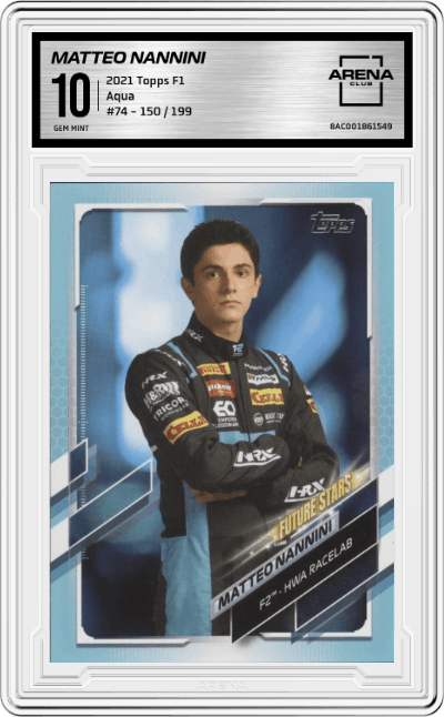 Matteo Nannini from the 2021 Topps F1 set featuring a Aqua parallel graded by Arena Club and given an overall grade of 10.