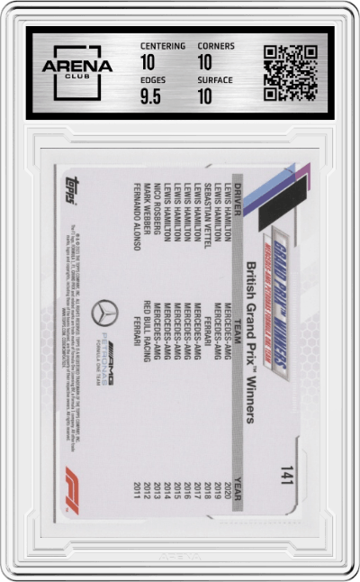 Lewis Hamilton from the 2021 Topps F1 set featuring a Checker Flag parallel graded by Arena Club and given an overall grade of 10.