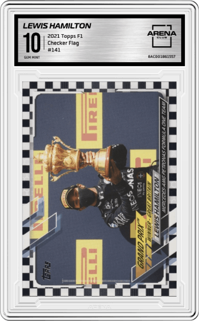 Lewis Hamilton from the 2021 Topps F1 set featuring a Checker Flag parallel graded by Arena Club and given an overall grade of 10.