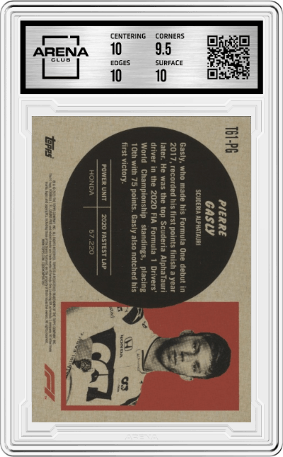 Pierre Gasly from the 2021 Topps F1 set graded by Arena Club and given an overall grade of 10.