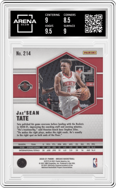 Jae'Sean Tate from the 2020-21 Panini Mosaic set graded by Arena Club and given an overall grade of 9.