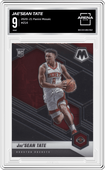 Jae'Sean Tate from the 2020-21 Panini Mosaic set graded by Arena Club and given an overall grade of 9.