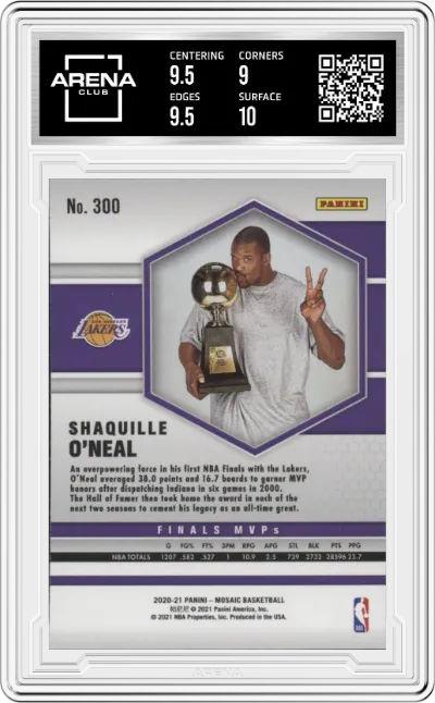 Shaquille O'Neal from the 2020-21 Panini Mosaic set featuring a Mosaic parallel graded by Arena Club and given an overall grade of 9.5.