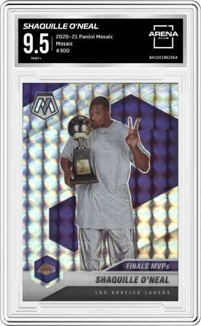 Shaquille O'Neal from the 2020-21 Panini Mosaic set featuring a Mosaic parallel graded by Arena Club and given an overall grade of 9.5.