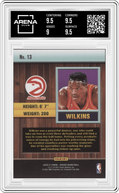 Dominique Wilkins from the 2020-21 Panini Mosaic set graded by Arena Club and given an overall grade of 9.5.
