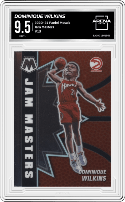 Dominique Wilkins from the 2020-21 Panini Mosaic set graded by Arena Club and given an overall grade of 9.5.
