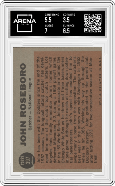 John Roseboro from the 1962 Topps set graded by Arena Club and given an overall grade of 4.